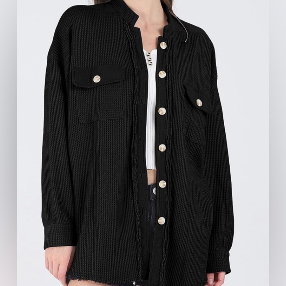 ChouYatou Women’s Black Waffle Knit Shirt Jacket